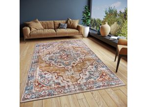 Teppich HANSE HOME "Strozzi", blau (beige,blau), B:140cm H:8mm L:200cm, Polypropylen (PP), Jute, Polyester, Teppiche, Läufer, Orientalisch, Kurzflor, Wohnzimmer, Schlafzimmer, Esszimmer