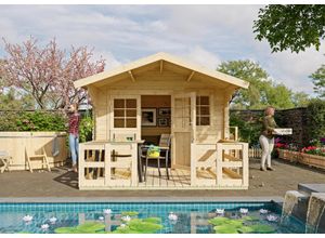Gartenhaus KONIFERA "Kallenberg 2", beige (naturbelassen), Fußboden im Gartenhaus, Dachfolie, Holz, Gartenhäuser, mit Terrasse, Vordach und Fußboden