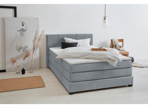Boxspringbett OTTO PRODUCTS "Peetu", blau (graublau), B:150cm L:213cm, Struktur fein aus 100%-recyceltem Polyester, Komplettbetten, Boxspringbett, Taschenfederkern-Matratze, in 4 Breiten und 4 Farben, incl. Topper