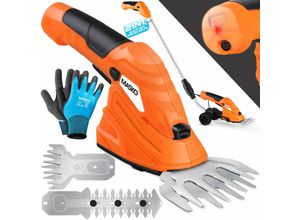 MASKO® Grasschere Strauchschere Set mit Akku 7,2V 2000mA/h + Ladegerät + Handschuhe elektrische Garten Heckenschere Rasenschere Inkl. Grasmesser + Strauchmesser + stiel Teleskopstange 90-130 cm Rädern