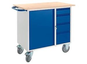 Werkbank mit Schrank, 4 Schubladen und 2 Lenkrollen/2 Bockrollen