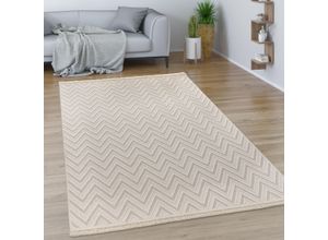 Teppich PACO HOME "Buckman 465", beige (creme), B:160cm H:11mm L:230cm, Polyester, Teppiche, Fransenteppich, Kurzflor, Hoch-Tief Effekt, Zickzack Muster, mit Fransen