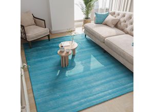 Wollteppich MORGENLAND "LORIBAFT TEPPSTAR", blau (türkis), B:200cm H:15mm L:300cm, Wolle, Teppiche, reine Schurwolle, uni, Wohnzimmer