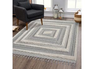 Hochflor-Teppich CARPET CITY "VALENCIA 940", blau (grau, blau), B:200cm H:20mm L:290cm, Obermaterial: 55% Polypropylen, 45% Sisal, Teppiche, Läufer, Boho-Stil, Hochtief-Muster/ 3D-Effekt, mit Fransen