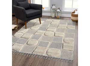 Hochflor-Teppich CARPET CITY "VALENCIA 950", blau (grau, blau), B:200cm H:20mm L:290cm, Obermaterial: 55% Polypropylen, 45% Sisal, Teppiche, Fransenteppich, Läufer, Boho-Stil, Hochtief-Muster/ 3D-Effekt, mit Fransen