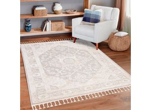 Hochflor-Teppich MY HOME "Bjelle", beige (creme), B:160cm H:20mm L:230cm, Obermaterial: 55% Polypropylen, 45% Sisal, Teppiche, Fransenteppich, Läufer, Boho-Stil, Ornamente, Hoch Tief Struktur, mit Fransen