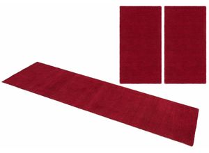 Bettumrandung THEKO "Gabbeh Uni, Handweb Teppich, meliert, reine Wolle" Gr. 14, rot (bordeaux), H:14mm, Obermaterial: 100% Wolle, Bettumrandung, Bettvorleger, Uni-Farben, handgewebt, Läufer-Set, Schlafzimmer