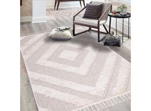 Hochflor-Teppich CARPET CITY "Valencia 813", beige (creme, graublau), B:200cm H:20mm L:290cm, Polypropylen, Teppiche, Fransenteppich, Läufer, Boho-Stil, 3D-Effekt, Raute, Hoch-Tief-Struktur, mit Fransen