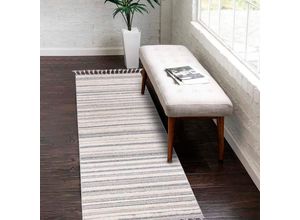 Hochflor-Teppich CARPET CITY "Valencia 807", blau (graublau, creme), B:80cm H:20mm L:300cm, Polypropylen, Teppiche, Fransenteppich, Läufer, Boho-Stil, 3D-Effekt, Streifen, Hoch-Tief-Struktur, Fransen