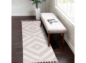 Hochflor-Teppich CARPET CITY "Valencia 813", beige (creme, graublau), B:80cm H:20mm L:300cm, Polypropylen, Teppiche, Fransenteppich, Läufer, Boho-Stil, 3D-Effekt, Raute, Hoch-Tief-Struktur, mit Fransen