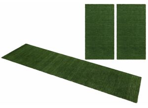 Bettumrandung THEKO "Gabbeh Uni, Handweb Teppich, meliert, reine Wolle" Gr. 14, grün (dunkelgrün), H:14mm, Obermaterial: 100% Wolle, Bettumrandung, Bettvorleger, Uni-Farben, handgewebt, Läufer-Set, Schlafzimmer