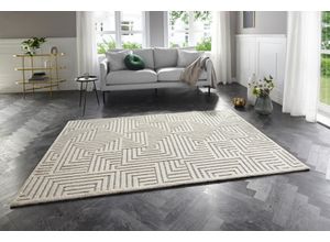 Designteppich ELLE DECORATION "Manipu", beige (creme, grau), B:160cm H:14mm L:230cm, Polyester, Polypropylen (PP), Teppiche, Flauschiger Kurzflor, Hoch Tief Effekt, Modern, Weich, Wohnzimmer