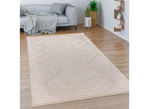 Teppich PACO HOME "Buckman 461", beige (creme), B:160cm H:11mm L:230cm, Polyester, Teppiche, Fransenteppich, Kurzflor, Uni Farben, Hoch-Tief Effekt, Rauten, mit Fransen