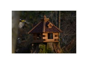 Dobar Rustikales XL-Vogelfutterhaus im Blockhaus-Stil mit rotem Bitumendach, Vogelhaus mit 6 Einfluglöchern