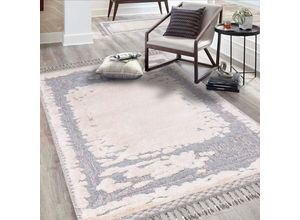 Hochflor-Teppich CARPET CITY "Valencia 908", grau (creme, graublau), B:160cm H:20mm L:230cm, Polypropylen, Teppiche, Fransenteppich, Läufer, Boho-Stil, 3D-Effekt, Relief, Hoch-Tief-Struktur, mit Fransen