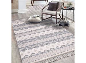 Hochflor-Teppich CARPET CITY "Valencia 728", blau (graublau), B:200cm H:20mm L:290cm, Polypropylen, Teppiche, Fransenteppich, Läufer, Boho-Stil, 3D-Effekt, Relief, Hoch-Tief-Struktur, mit Fransen