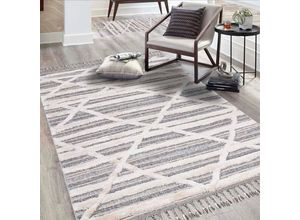 Hochflor-Teppich CARPET CITY "Valencia 810", blau (graublau, creme), B:200cm H:20mm L:290cm, Polypropylen, Teppiche, Fransenteppich, Läufer, Boho-Stil, 3D-Effekt, Raute, Hoch-Tief-Struktur, mit Fransen