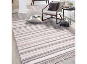 Hochflor-Teppich CARPET CITY "Valencia 807", blau (graublau, creme), B:200cm H:20mm L:290cm, Polypropylen, Teppiche, Fransenteppich, Läufer, Boho-Stil, 3D-Effekt, Streifen, Hoch-Tief-Struktur, Fransen