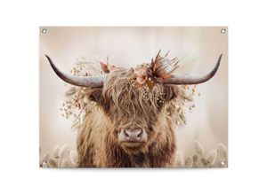 Poster REINDERS "Highlander in Blumen", beige (farbe bild(er): beige), B:80cm H:60cm T:0,1cm, Leinwand, Bilder, Outdoor für Garten oder Balkon