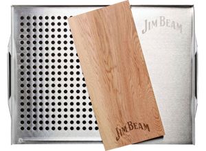 Grillerweiterung JIM BEAM BBQ "Edelstahl-Platte", grau (grau, braun), B:41cm H:1,5cm L:31cm, Edelstahl, Holz, Grillroste, 59x30 cm, mit Zedernholz Räucherbrett für Grillgut, Fisch, Gemüse