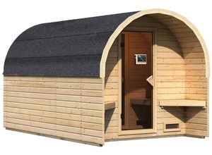 Fasssauna KARIBU "Fasshaus 3", beige (naturbelassen), Bio-Kombiofen, externe Steuerung, 9 kW, Saunen, 9-kW-Bio-Ofen mit externer Steuerung