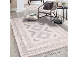 Hochflor-Teppich CARPET CITY "Valencia 730", beige (creme, graublau), B:160cm H:20mm L:230cm, Polypropylen, Teppiche, Fransenteppich, Läufer, Boho-Stil, 3D-Effekt, Relief, Hoch-Tief-Struktur, mit Fransen