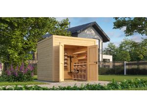 Gartenhaus NORDIC HOLZ "Fynn 1,5", beige (naturbelassen), ohne Fußboden, ohne Dacheindeckung, Massivholz, Gartenhäuser, Gartenhaus, kleiner stilvoller Schuppen mit Flachdach