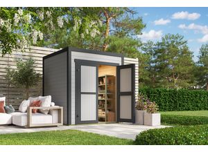 Gartenhaus NORDIC HOLZ "Fynn 1", grau (lichtgrau), ohne Fußboden, ohne Dacheindeckung, Massivholz, Gartenhäuser, Gartenhaus, kleiner stilvoller Schuppen mit Flachdach