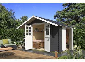 Gartenhaus NORDIC HOLZ "Vilano 1", grau (carbongrau), Fußboden im Gartenhaus, ohne Dacheindeckung, Massivholz, Gartenhäuser, Gartenhaus, mit 3 getrennten Bereiche