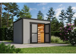 Gartenhaus NORDIC HOLZ "Fynn 3", grau (lichtgrau), ohne Fußboden, ohne Dacheindeckung, Massivholz, Gartenhäuser, Gartenhaus, kleiner stilvoller Schuppen mit Flachdach
