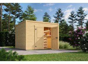 Gartenhaus NORDIC HOLZ "Fynn 3", beige (naturbelassen), ohne Fußboden, ohne Dacheindeckung, Massivholz, Gartenhäuser, Gartenhaus, kleiner stilvoller Schuppen mit Flachdach