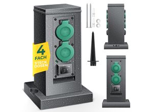 KESSER® Gartensteckdose Steinoptik mit 4 Steckplätzen Inkl.Erdspieß, Mehrfachsteckdosen aussen mit 3m Verlängerungskabel Außensteckdose IP44 Wasserdicht Steinsteckdose mit ON/Auto Dämmerungssensor