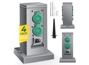 KESSER® Gartensteckdose Steinoptik mit 4 Steckplätzen Inkl.Erdspieß, Mehrfachsteckdosen aussen mit 3m Verlängerungskabel Außensteckdose IP44 Wasserdicht Steinsteckdose mit ON/Auto Dämmerungssensor