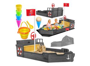 KIDIZ® Sandkasten Ahoi - Piratenschiff Boot Segelschiff aus Holz Inkl. Abdeckung, Bodenplane, Sitzbank, Flaggenmast, Sandspielzeug Große Kinder Sandkiste für den Garten Outdoor Sandbox
