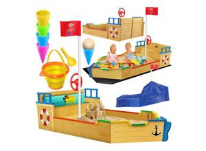 KIDIZ® Sandkasten Ahoi - Piratenschiff Boot Segelschiff aus Holz Inkl. Abdeckung, Bodenplane, Sitzbank, Flaggenmast, Sandspielzeug Große Kinder Sandkiste für den Garten Outdoor Sandbox