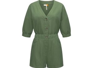Jumpsuit RAGWEAR "Ipsie", Damen, Gr. XL (42), Normalgrößen, grün (dunkelgrün), Material: 65% Baumwolle, 35% Leinen, modisch, figurbetont Po-bedeckend, tiefer V-Ausschnitt, Halbarm Ärmel ohne Ärmelschlitz, Overalls, schicker, kurzer Damen Overall in Military-Look