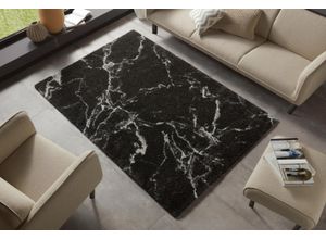 Hochflor-Teppich HANSE HOME "MAYRIN" Gr. 2, schwarz (schwarz, creme), B:80cm H:30mm L:150cm, Polypropylen (PP), Teppiche, Hochflor, Teppich, Shaggy, Flokati, Weich, Marmor-Optik, Wohnzimmer