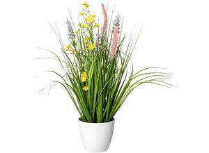 Kunstgras CREATIV GREEN "Blüten-Gras-Mix", bunt, H:46cm Ø:15cm, Kunststoff, Kunstpflanzen, in weißer Kunststoffschale