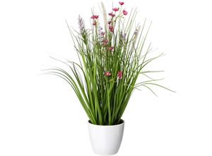 Kunstgras CREATIV GREEN "Blüten-Gras-Mix", rosa, H:46cm Ø:15cm, Kunststoff, Kunstpflanzen, in weißer Kunststoffschale