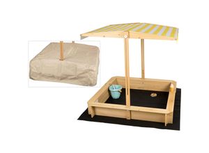 needs&wants® Sandkasten mit Dach Sitzbank und Boden Vlies-Folie, mit Abdeckung Oxford 600D, Sandkiste Holz rechteckig mit Bänken Outdoor Garten Kinder UV-Sonnenschutz, 113x113x113 cm, gelb weiß braun