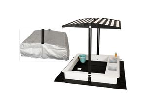 WONDERMAKE® Design Sandkasten mit Matschküche, Dach, Abdeckung OXFORD 420D, Vliesfolie, Sandkiste Holz quadratisch verschließbar Outdoor Garten für Kinder, schwarz weiß