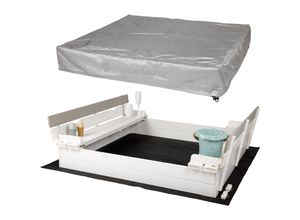 WONDERMAKE® Design Sandkasten mit Abdeckung Deckel Sitzbank und Boden, Sandkiste Holz quadratisch verschließbar mit Bank Outdoor Garten für Kinder, 120x120 cm, Tanne, weiß grau silber