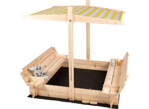 needs&wants® Sandkasten mit Abdeckung Dach Deckel Sitzbank und Boden, Sandkiste Holz quadratisch verschließbar UV-Sonnenschutz mit Bank Outdoor Garten für Kinder, 120x120 cm, Tanne gelb weiß braun