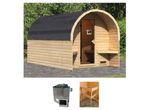 Fasssauna KARIBU "Fasshaus 3", beige (naturbelassen), Saunaofen, externe Steuerung, 9 kW, Saunen, 9-kW-Ofen mit externer Steuerung