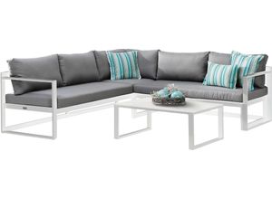 Loungeset BEST "Rhodos", weiß (weiß – grau,), B:212cm H:77cm T:70cm, Aluminium, Polyester, Sitzmöbel-Sets, bestehend aus 2 Sitzbänken, 1 Tisch und 12 Kissen