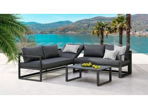 Loungeset BEST "Rhodos", grau (anthrazit,), B:212cm H:77cm T:70cm, Aluminium, Polyester, Sitzmöbel-Sets, bestehend aus 2 Sitzbänken, 1 Tisch und 12 Kissen
