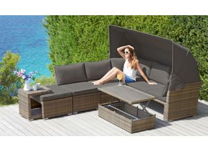 Gartenlounge-Set KONIFERA "Hawaii Premium", beige (beige,), B:219cm H:71cm T:142cm, Aluminium, Polyrattan, Sitzmöbel-Sets, Gartenmöbel-Set, mit aufklappbarem Dach und zur Sonneninsel umbaubar, Aluminium