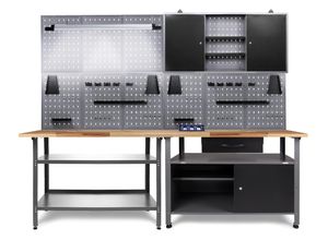 Werkstatt-Set ONDIS24 "»Erfinder«", grau (grau, anthrazit), B:240cm H:204cm T:60cm, Buche, Metall, Werkbänke, Werkstatteinrichtung 240 cm - Arbeitshöhe 85 cm