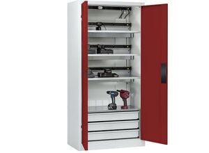 C+P Akku-Ladeschrank COMFORT, mit Vollblechtüren, 3 Schubladen, lichtgrau / rubinrot