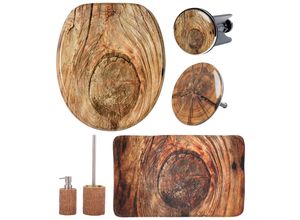 Badaccessoire-Set SANILO "Rustikal", braun, Holz, Badaccessoires-Sets, bestehend aus WC-Sitz, Badteppich, Stöpsel, Seifenspender, WC-Bürste